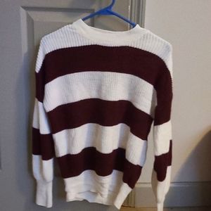 Knitted burgundy and white stripped scoop neck sweater from Ambiance Apparel